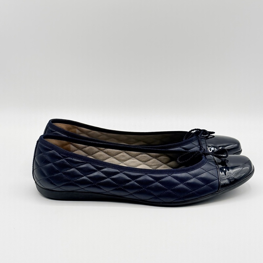 French Sole FS/NY Navy Quilted Ballet Flats Patent Cap Toe Bow‎ Shoes Women 10